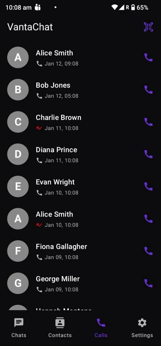 The VantaChat calls tab, listing recent encrypted voice and video calls