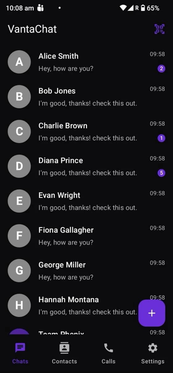 The VantaChat chat list, showing recent end-to-end encrypted conversations