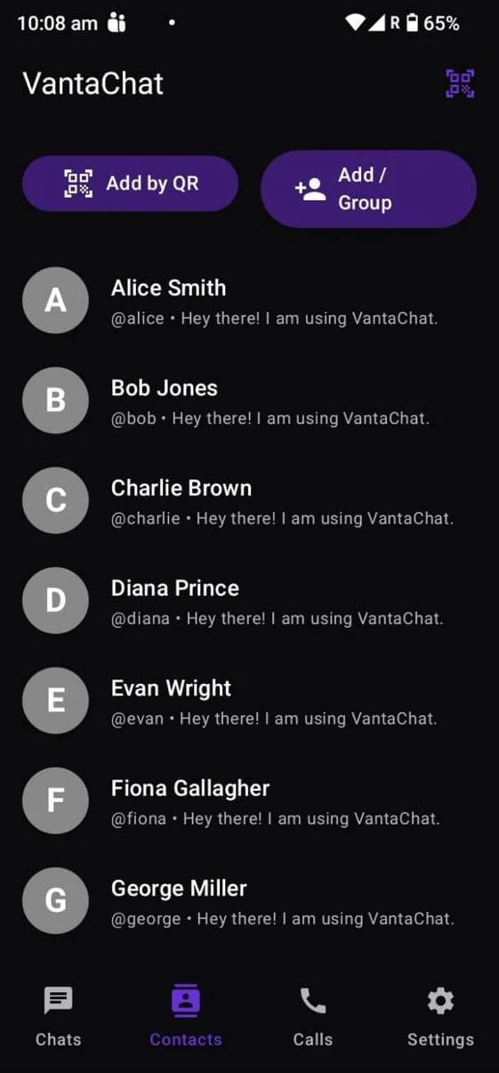 The VantaChat contacts tab, with options to add a contact by QR code or username